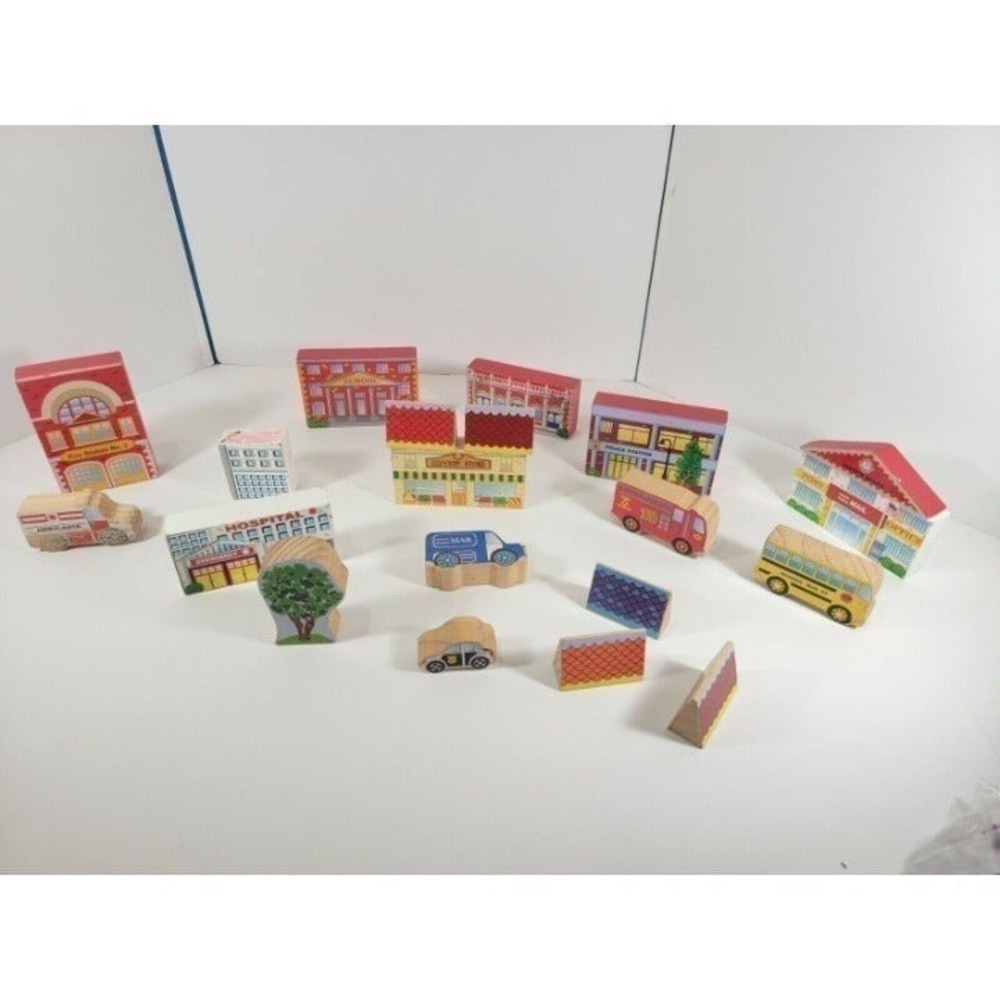 Melissa & Doug Lot Wooden City Blocks Build Chunky Scene 8 stores 20 blocks